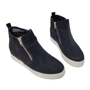 Black Mid-Top Wedge Sneakers with Silver Zipper